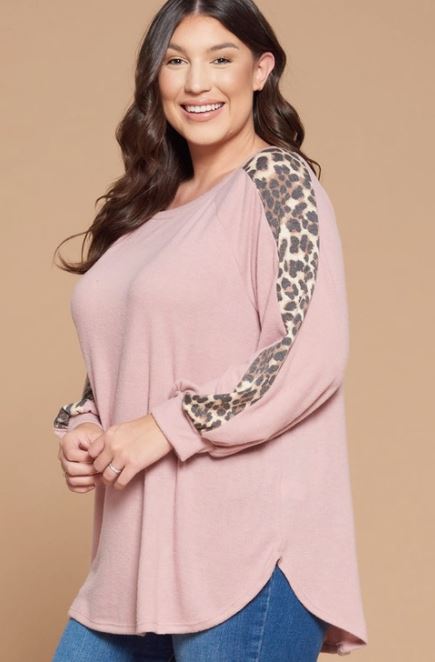 Pink French Terry Top with Animal Print Sleeves