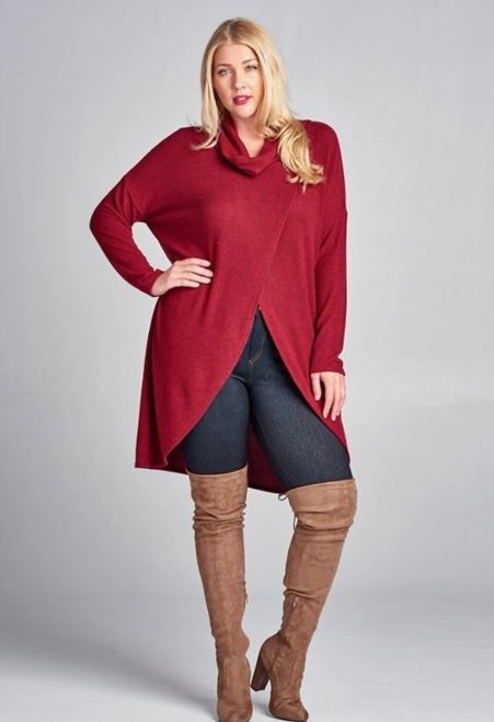 Cowl Neck Red Tulip Hem Tunic