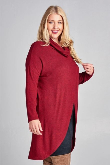 Cowl Neck Red Tulip Hem Tunic